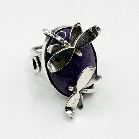 Artisan Dragonfly Ring Purple Stone 925 Marked Silver Unique Bohemian Size 6 1/4 - Picture 1 of 15